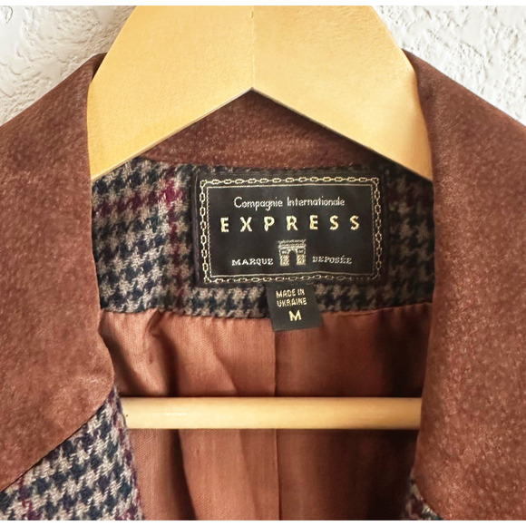 VTG Express Houndstooth Wool/Leather Blazer Medium Preppy Old Money Equestrian - Picture 5 of 9